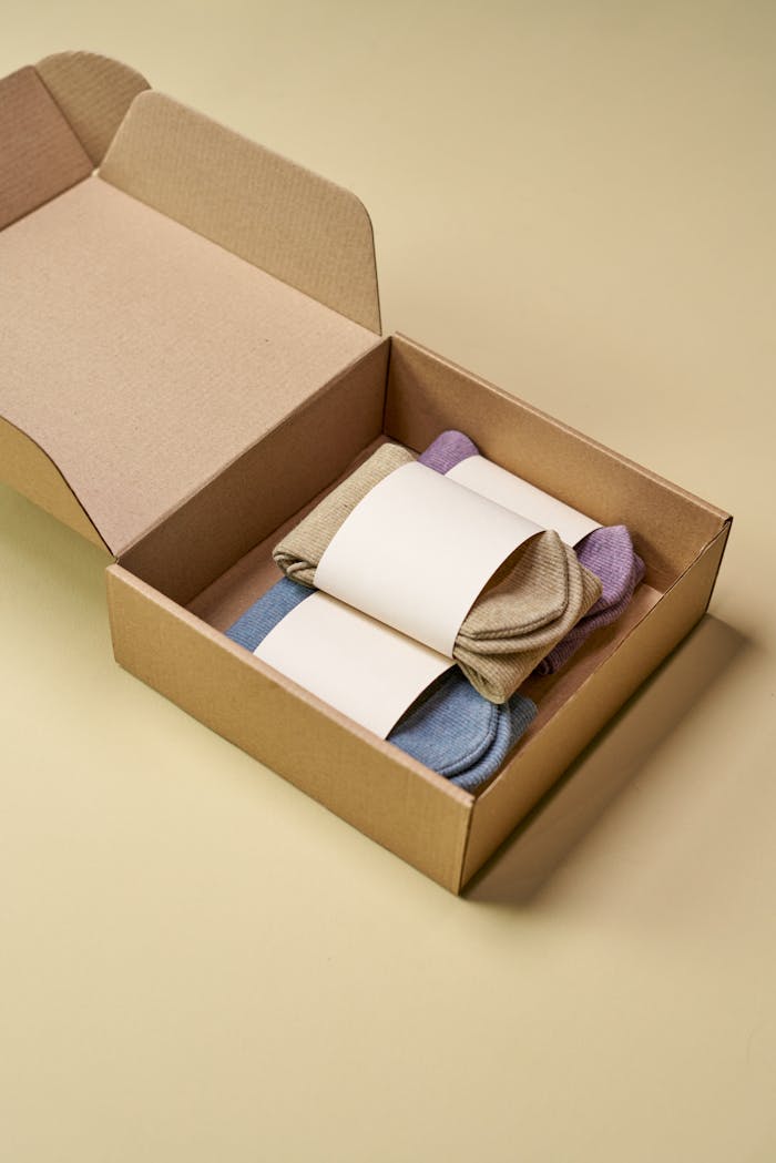 Minimalist cardboard box with colorful eco-friendly socks on neutral background.