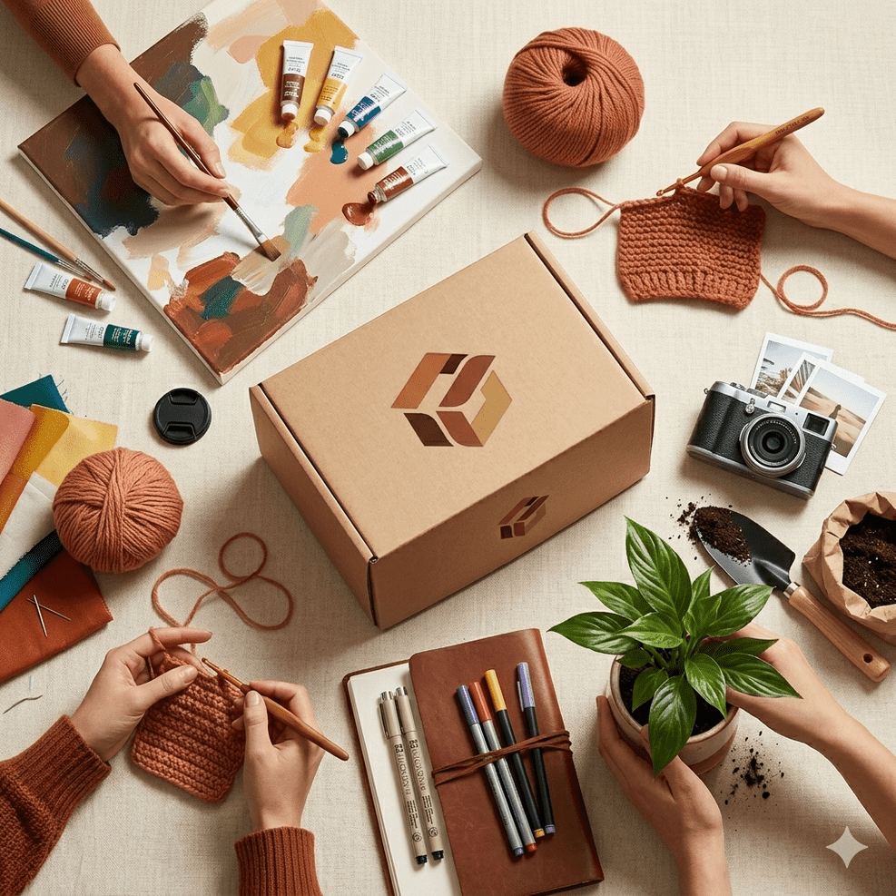 HobbyBox Landing Image Composición de hobbies variados, pintura, ganchillo y plantas para la suscripción HobbyBox