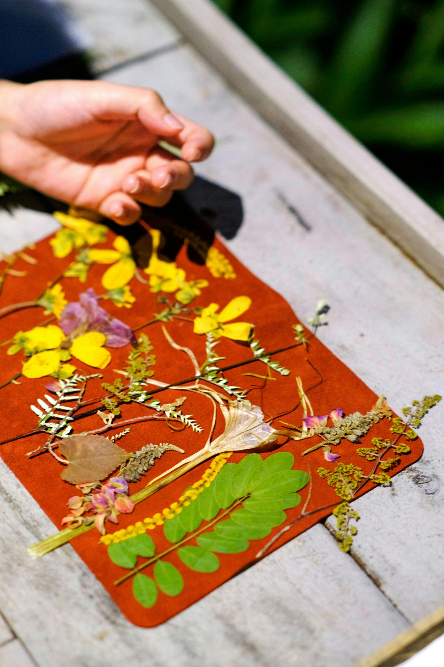 A creative display of pressed flowers on a wooden table outdoors.